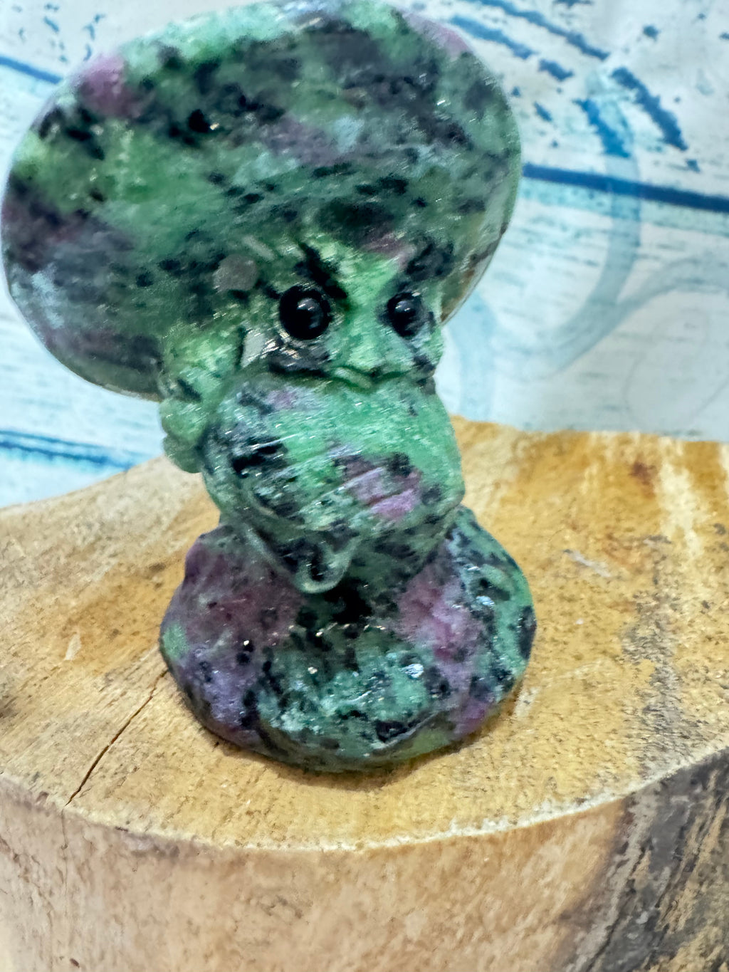 Ruby in Zoisite Carved Owl Under a Toadstool