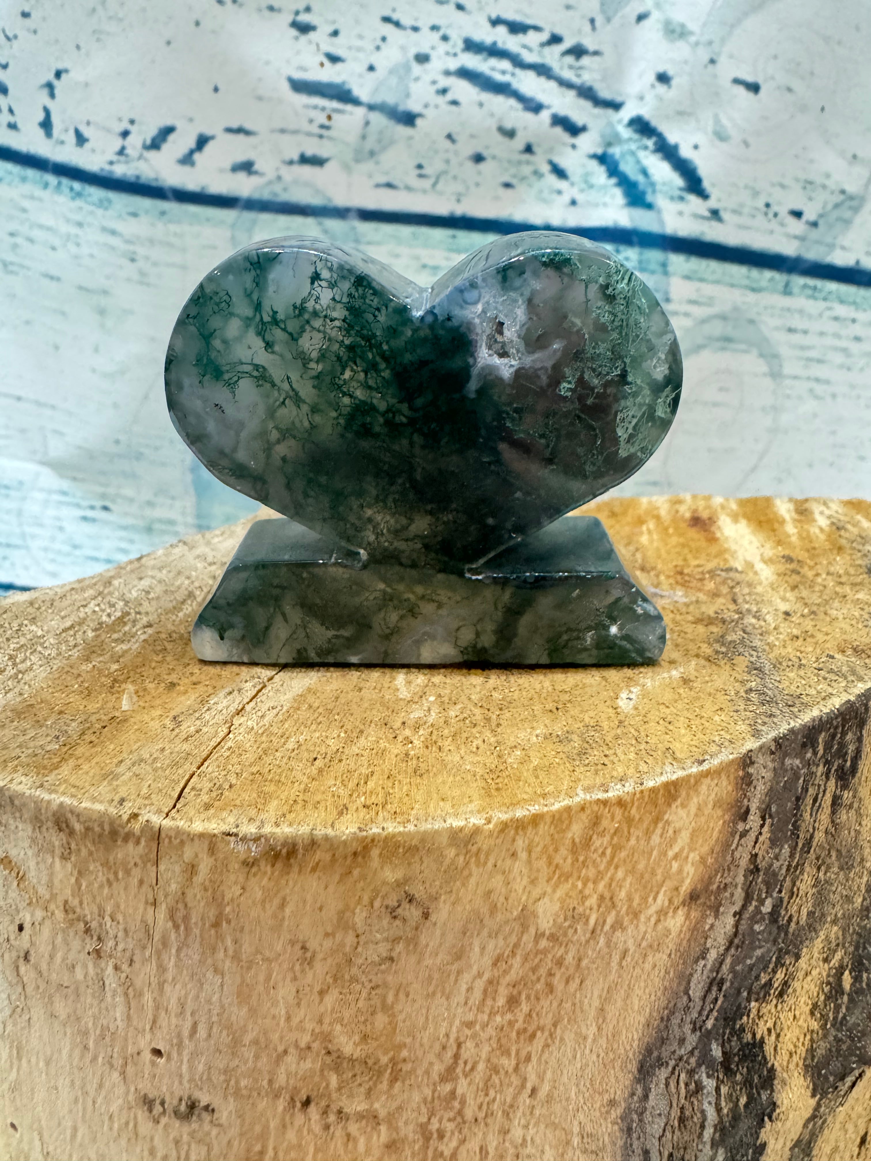 Moss agate standing crystal heart