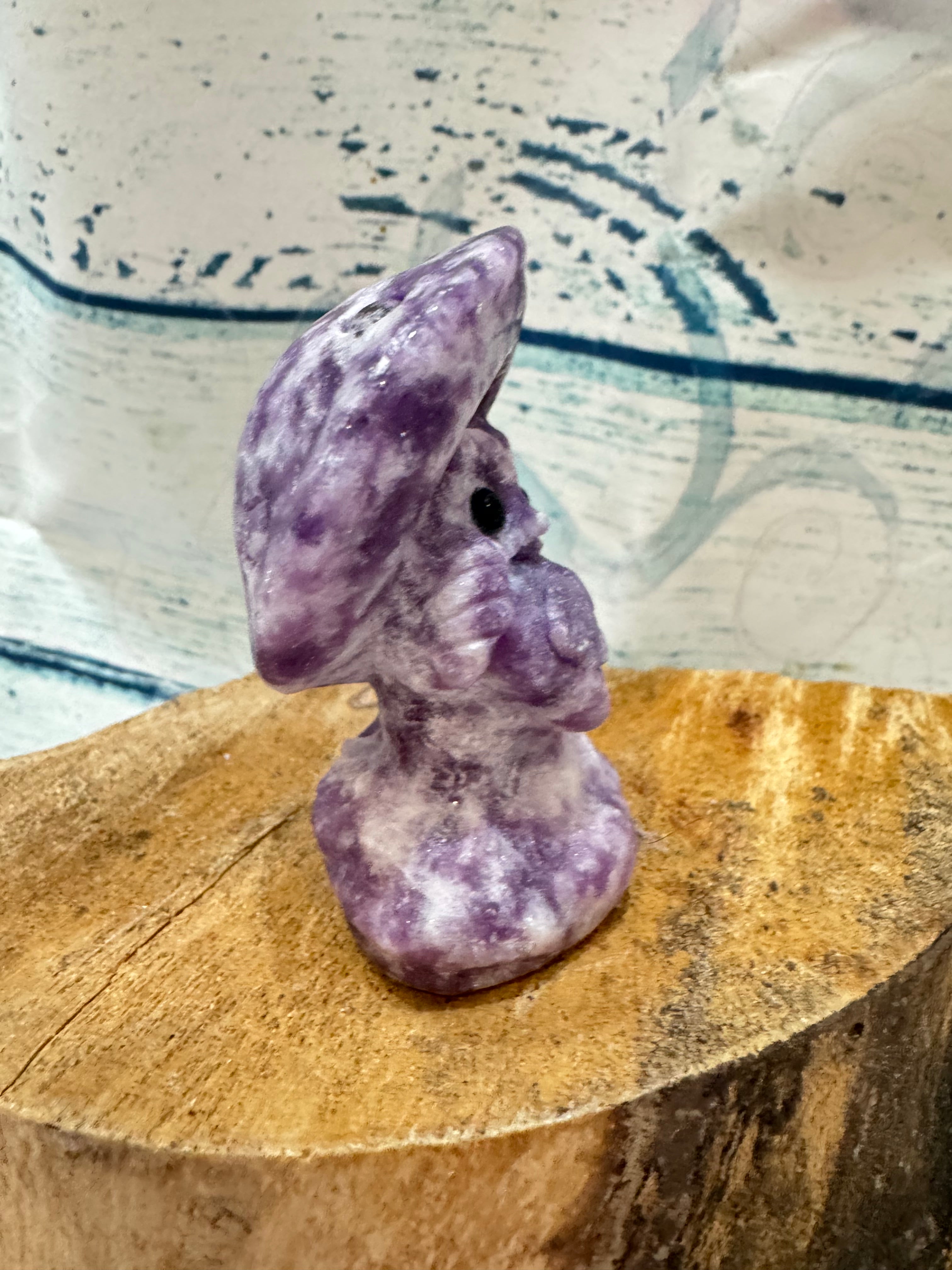 Lepidolite Carved Owl Under a Toadstool