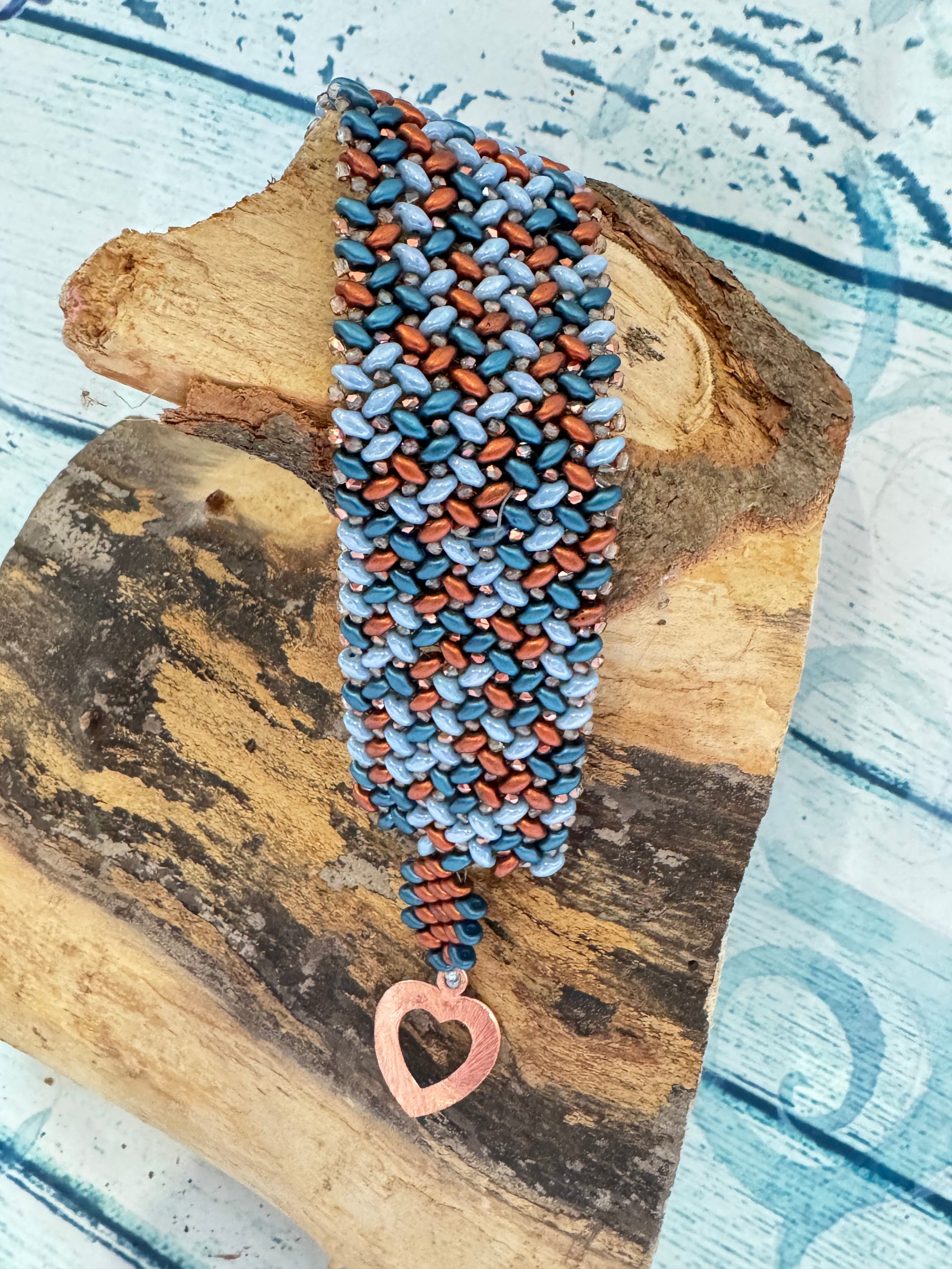 Blue and bronze beaded cuff bracelet