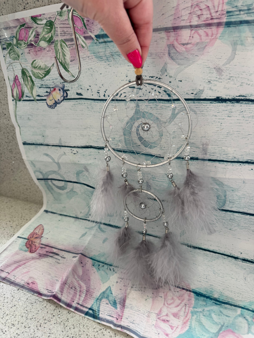 Silver and grey feather dreamcatcher