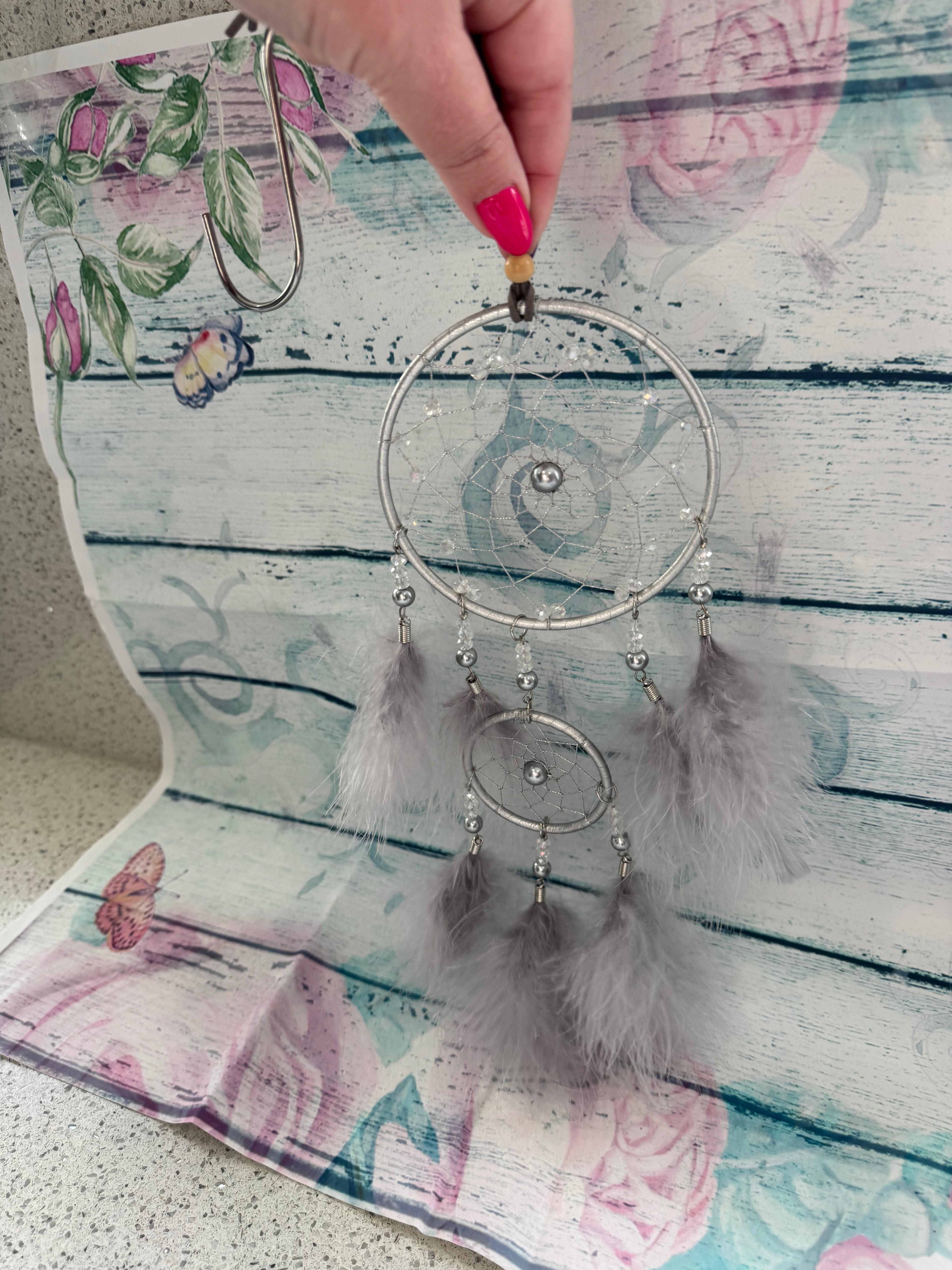Silver and grey feather dreamcatcher
