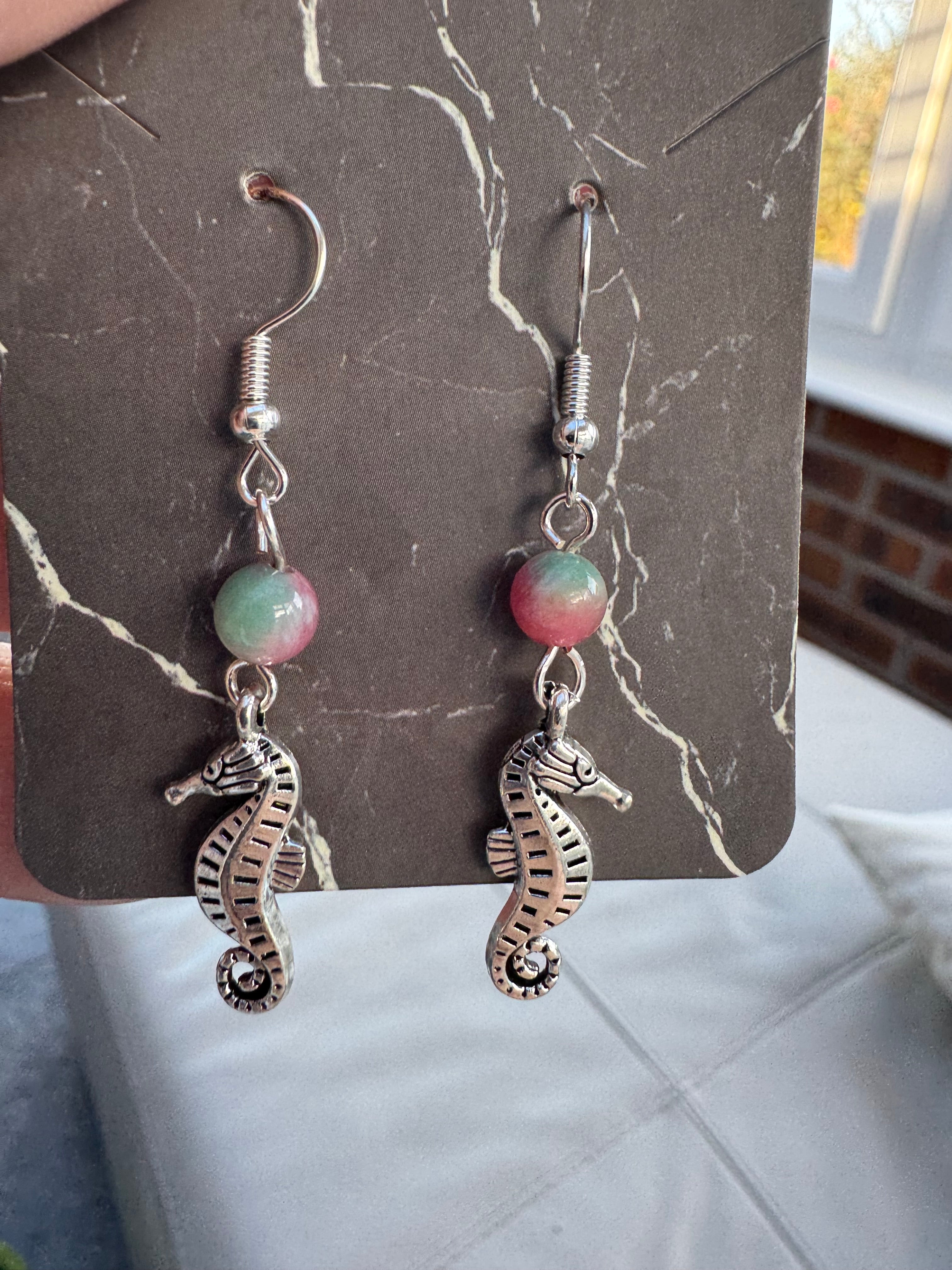 Seahorse and watermelon quartz earrings