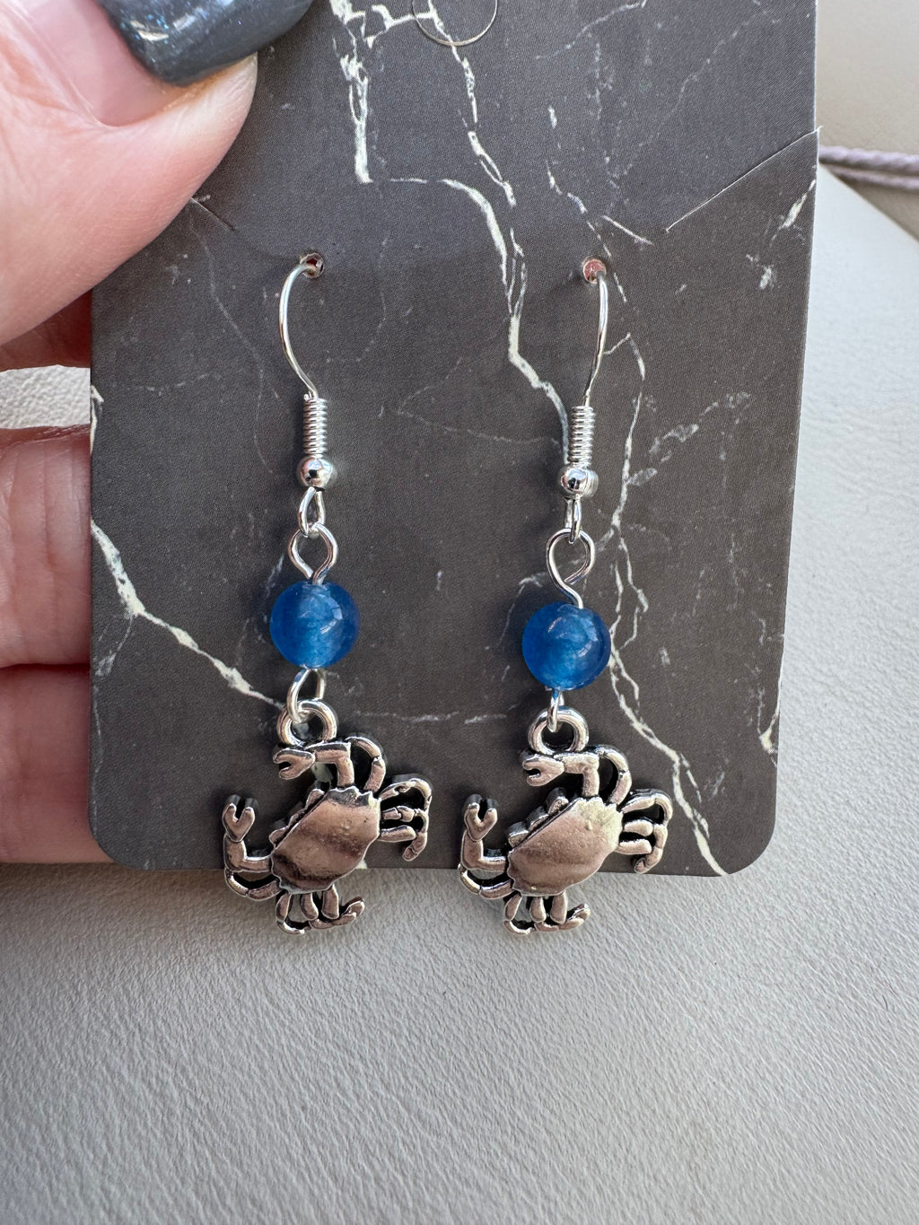 Blue beaded crab earrings