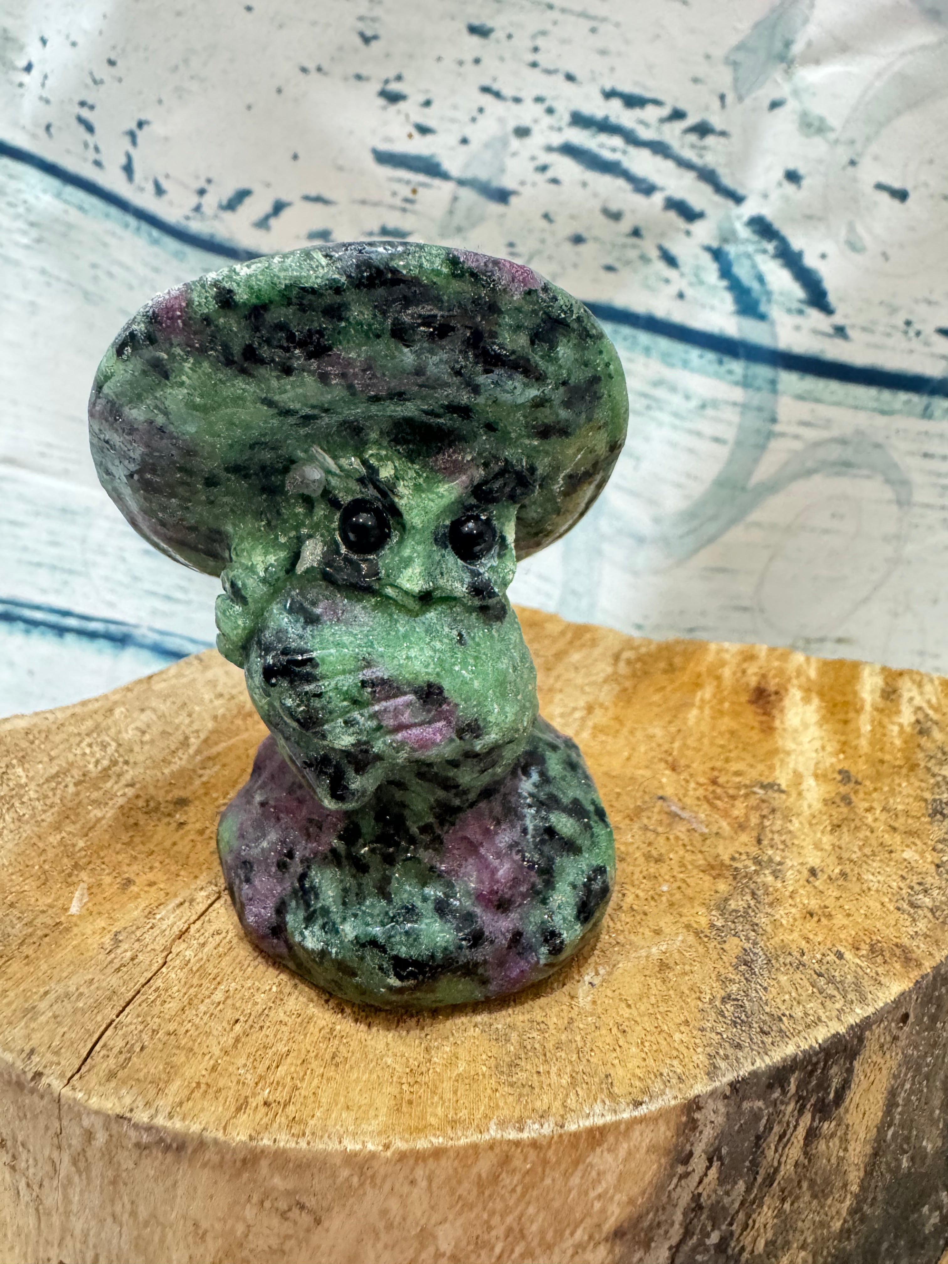 Ruby in Zoisite Carved Owl Under a Toadstool