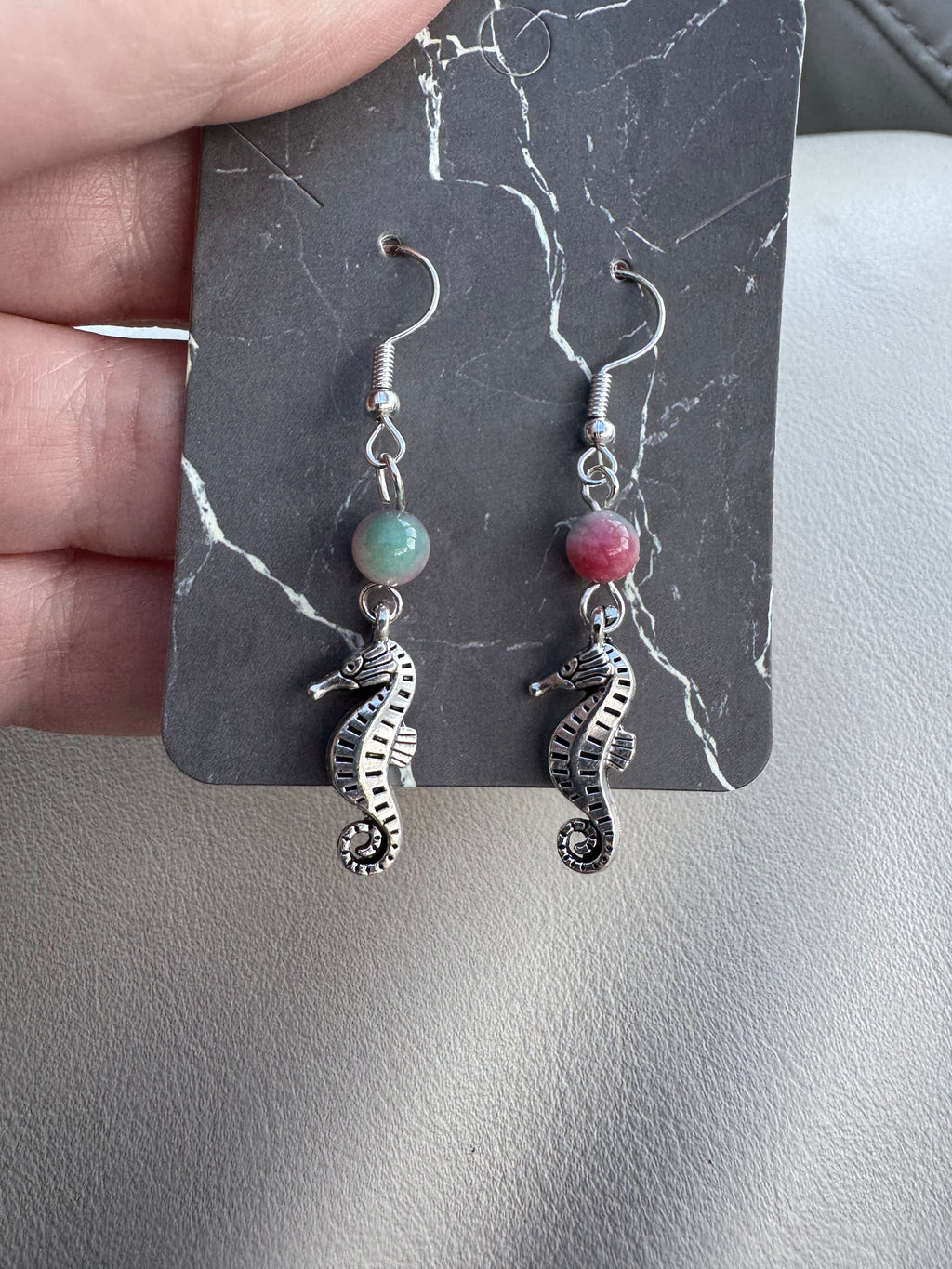 Seahorse and watermelon quartz earrings