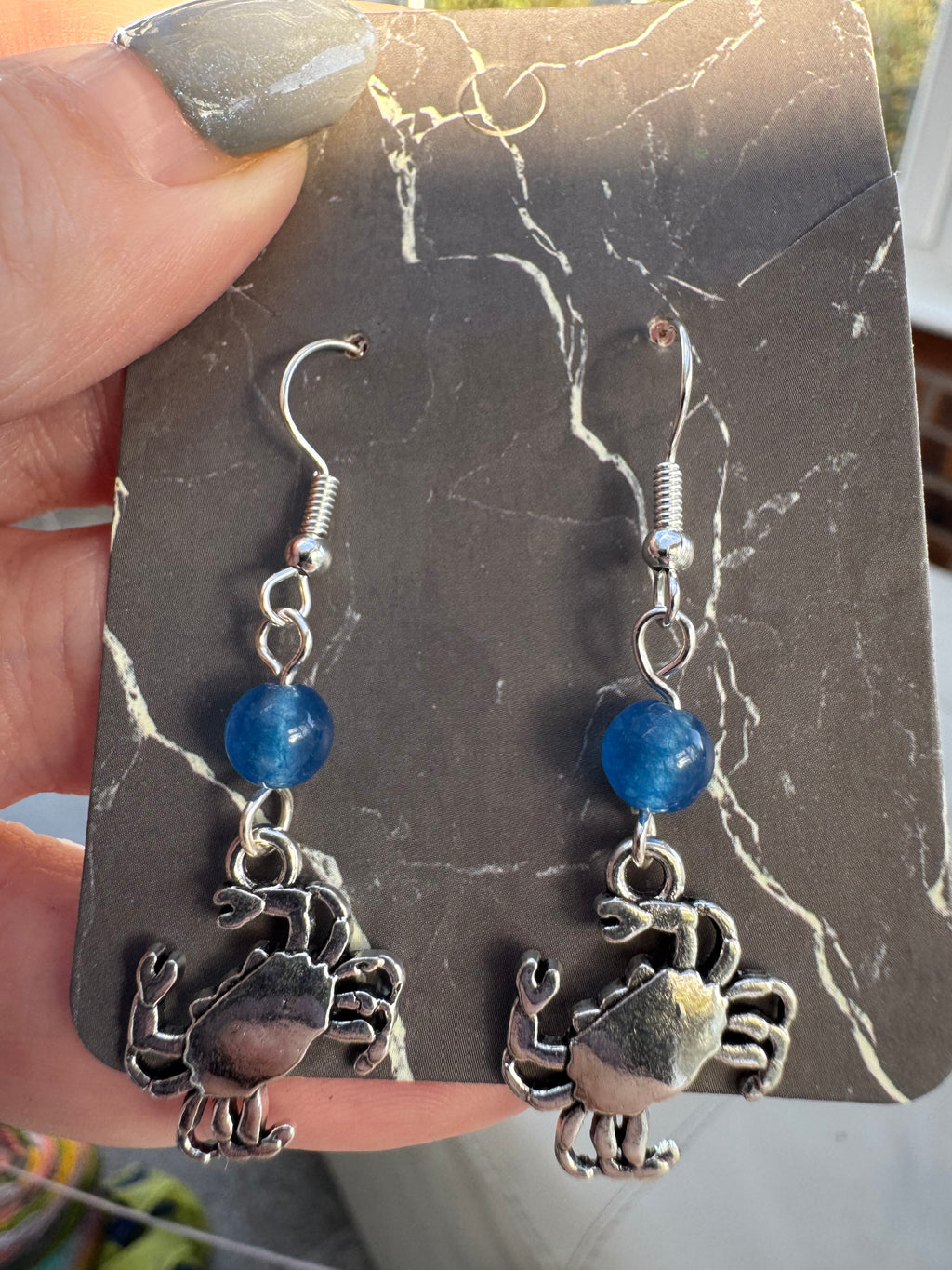 Blue beaded crab earrings