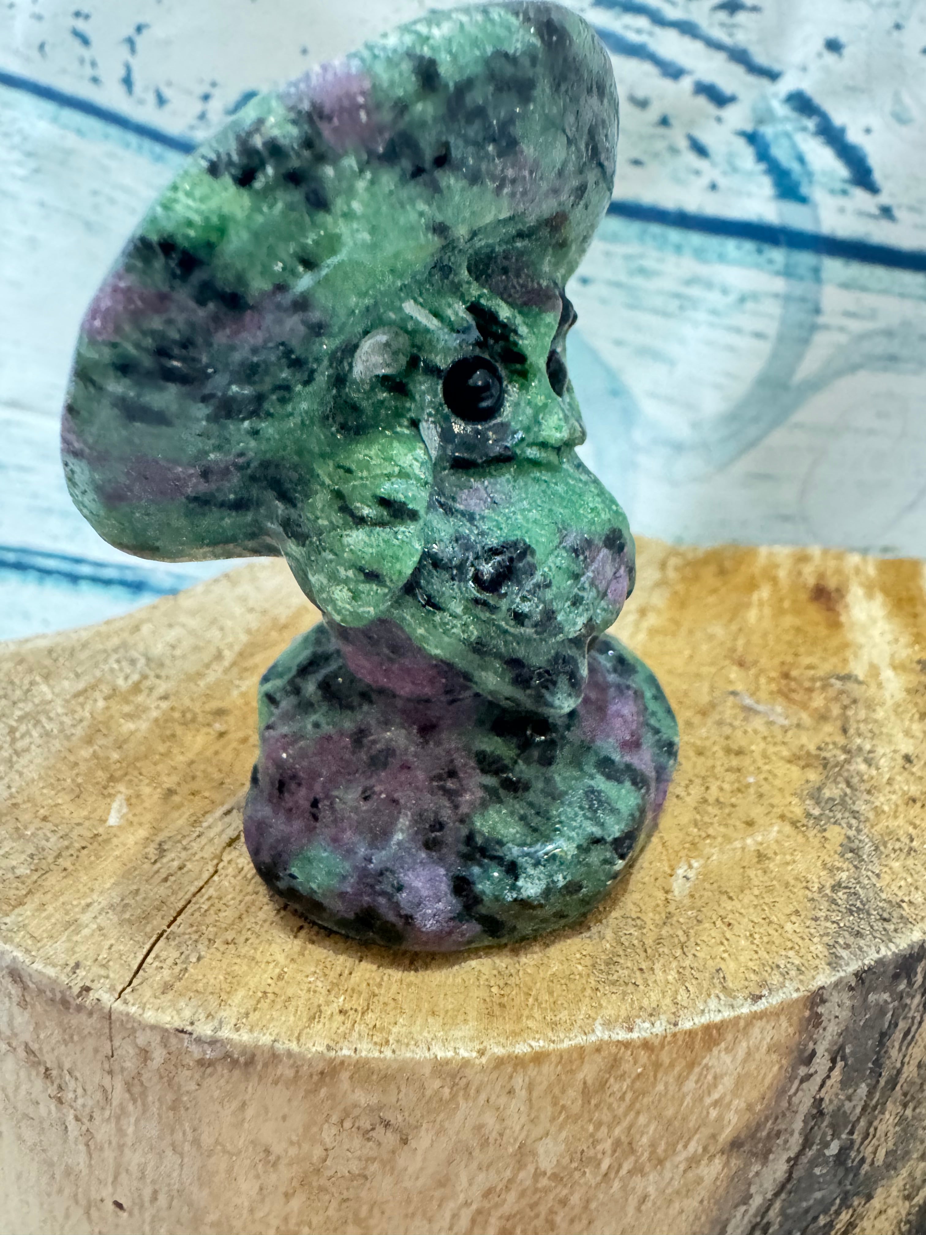 Ruby in Zoisite Carved Owl Under a Toadstool