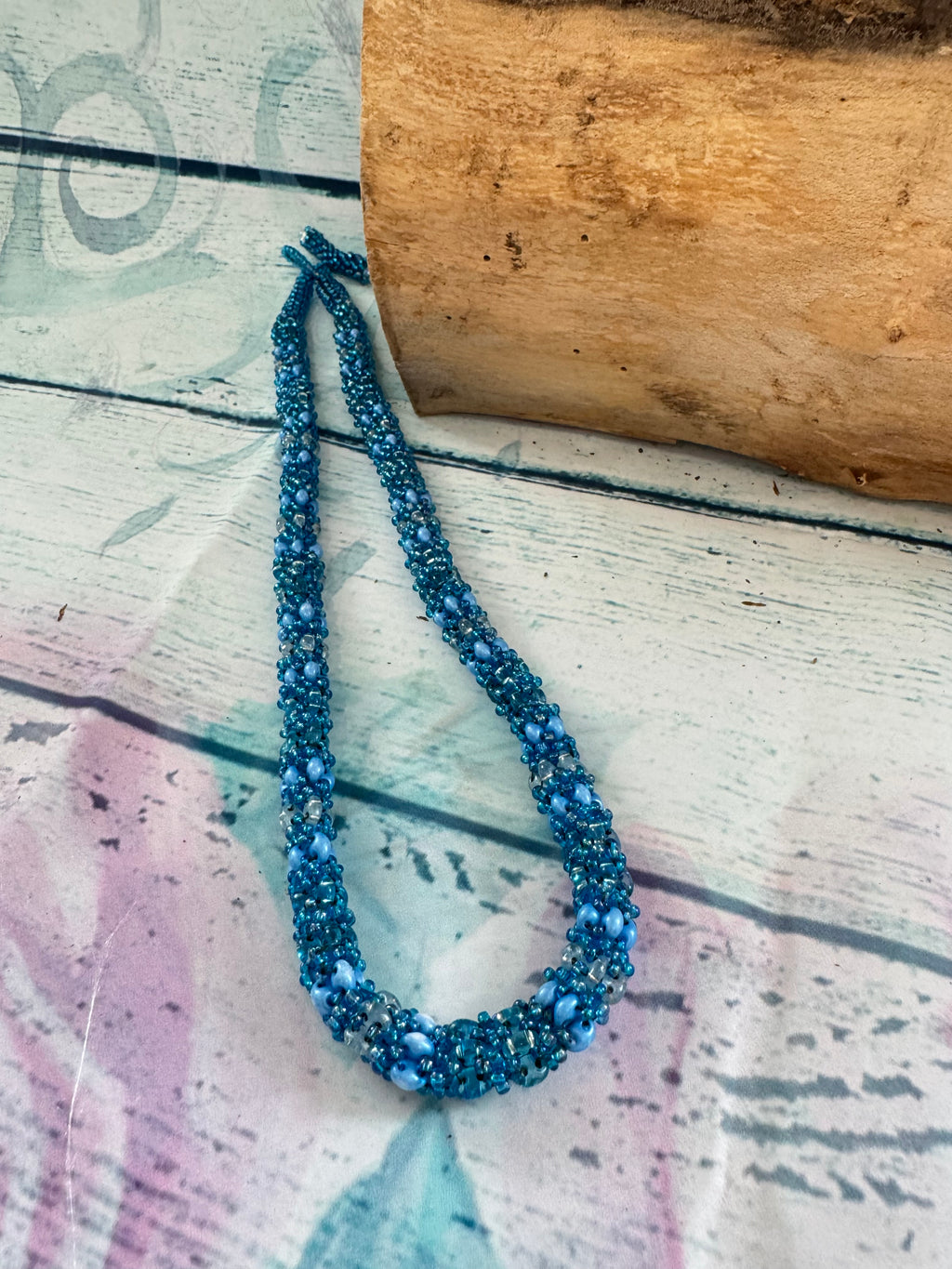Turquoise and teal beaded rope necklace
