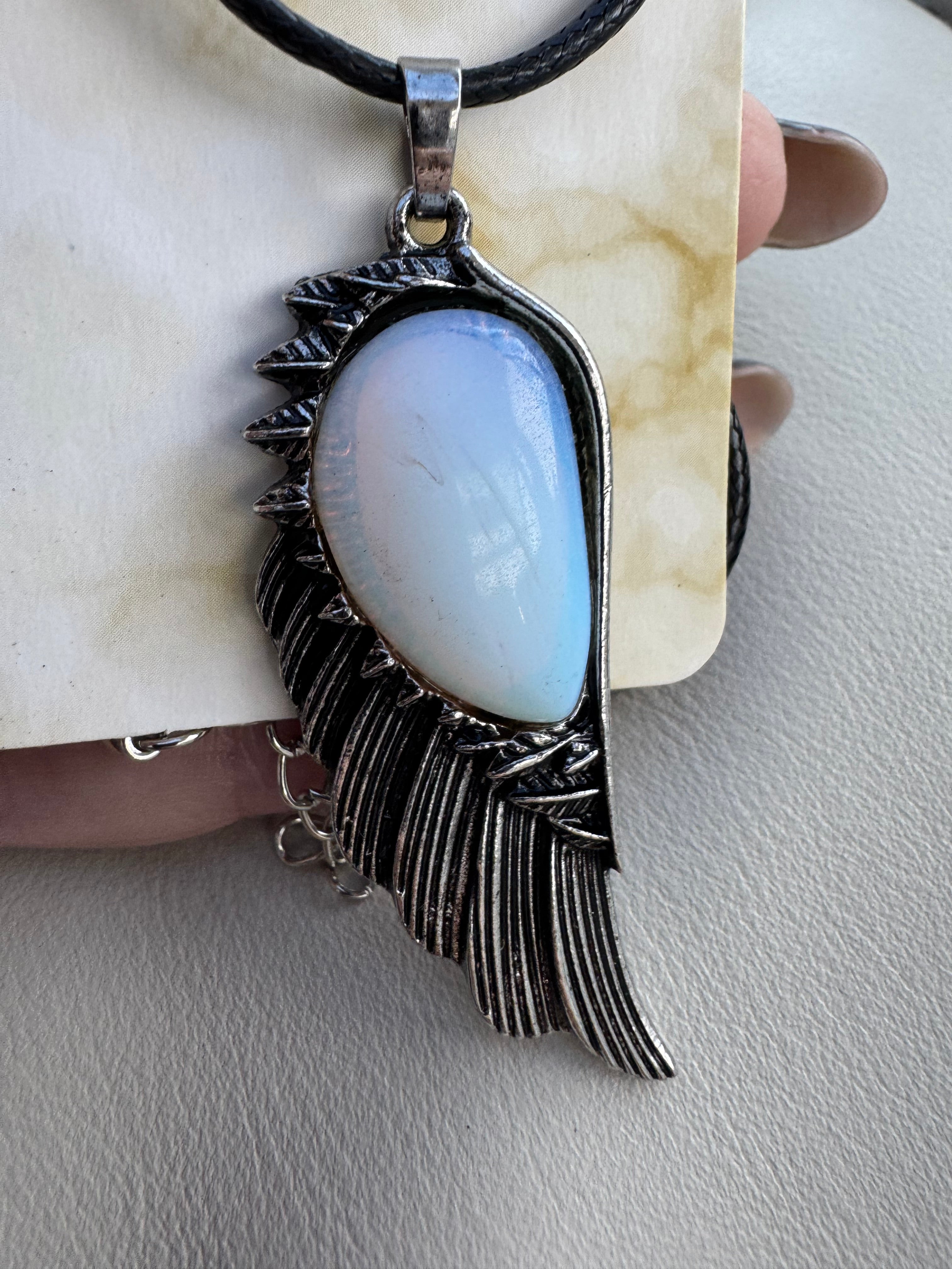 Feather and opalite pendant