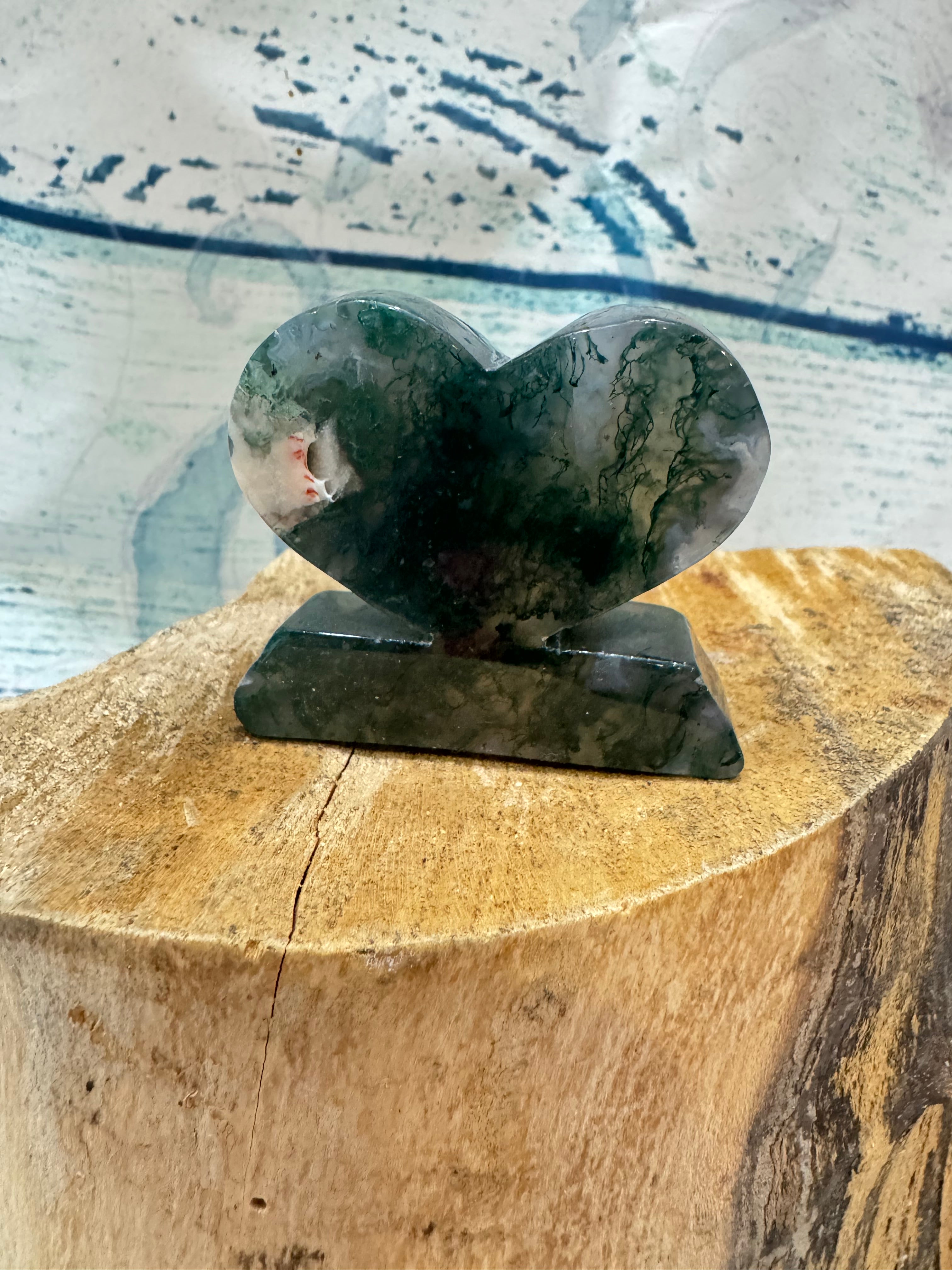 Moss agate standing crystal heart