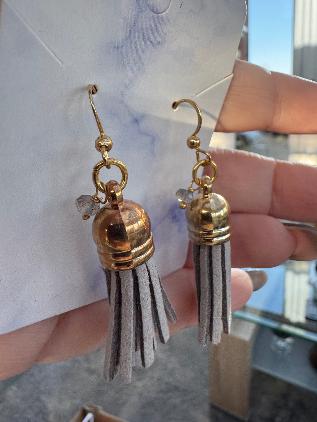 Grey suede and labradorite tassel earrings