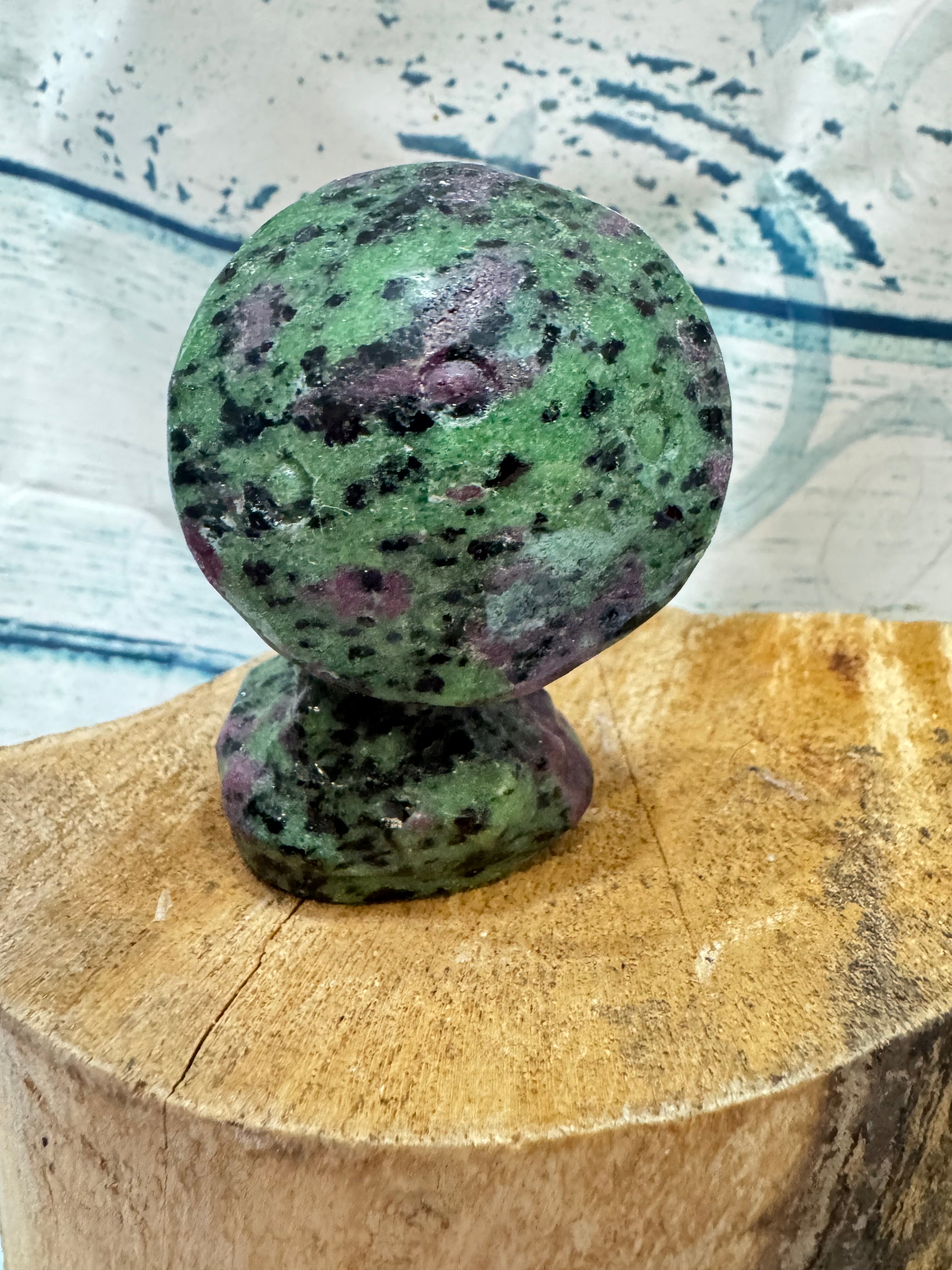 Ruby in Zoisite Carved Owl Under a Toadstool