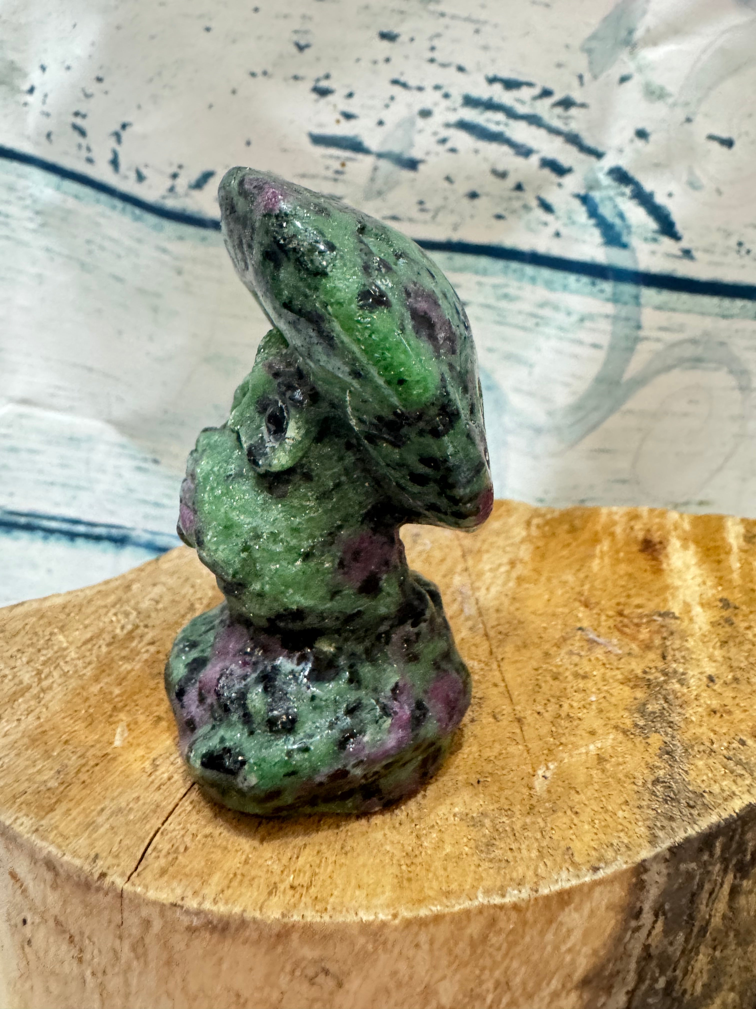 Ruby in Zoisite Carved Owl Under a Toadstool