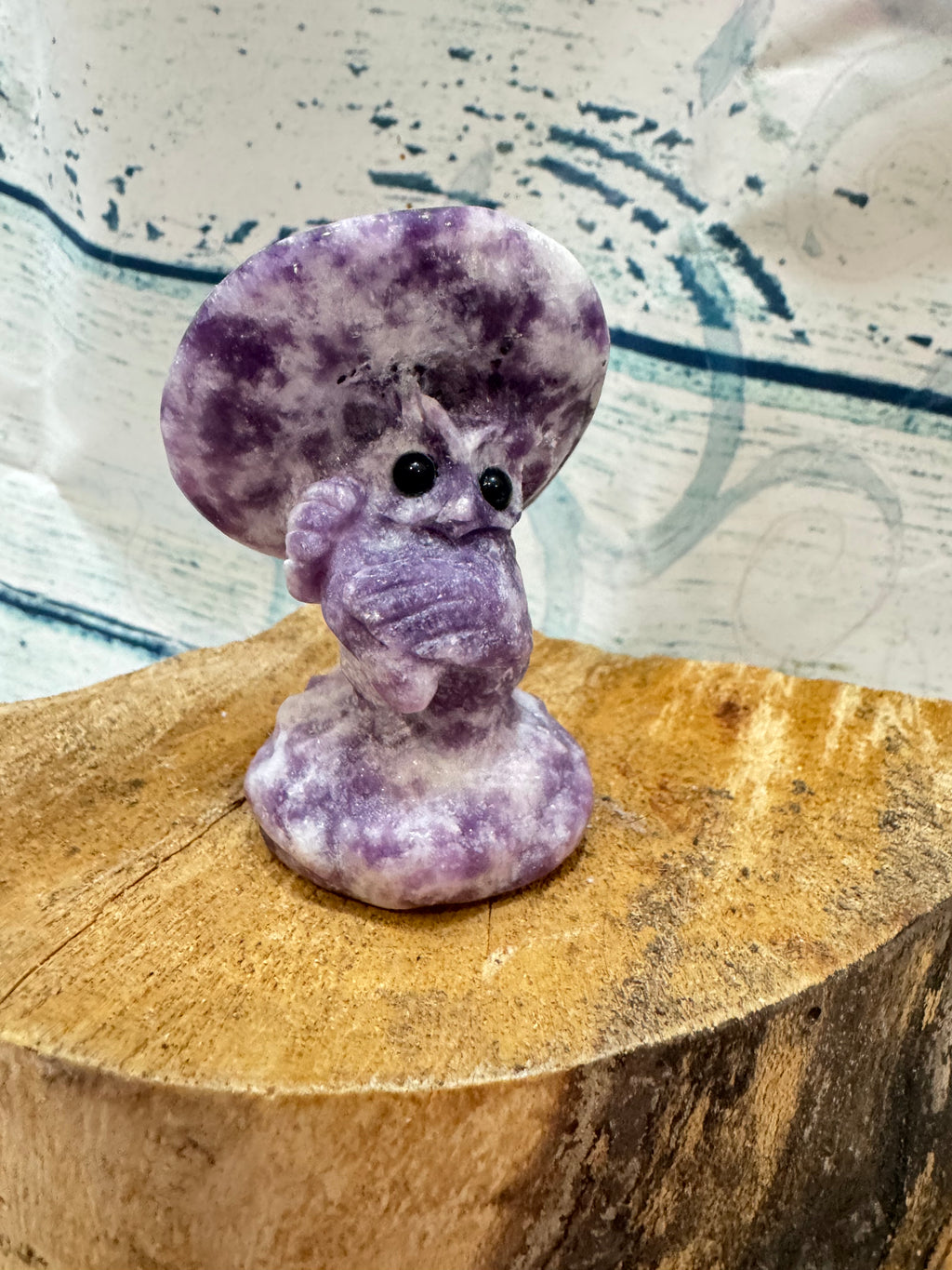 Lepidolite Carved Owl Under a Toadstool
