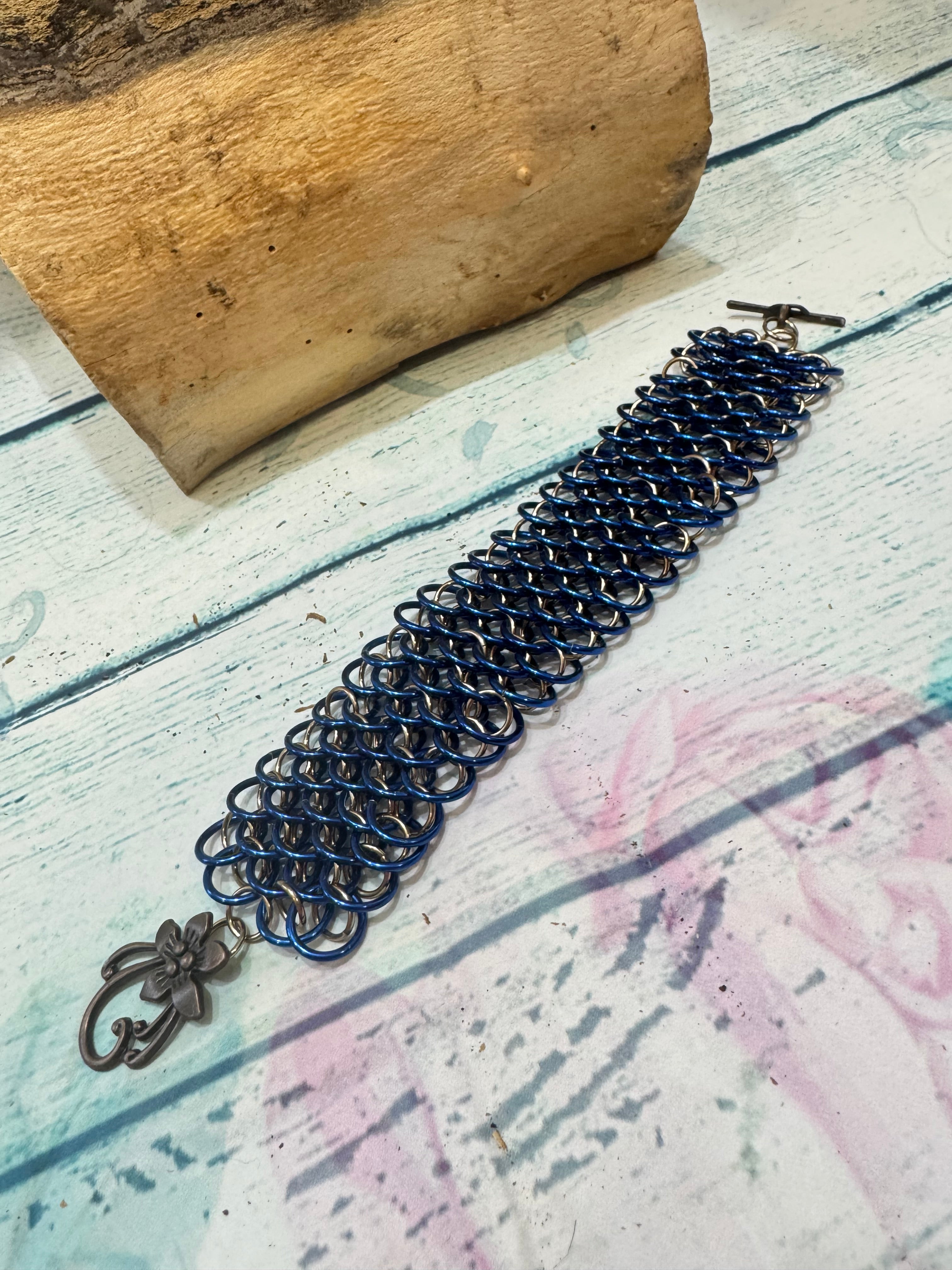 Blue chainmaille cuff