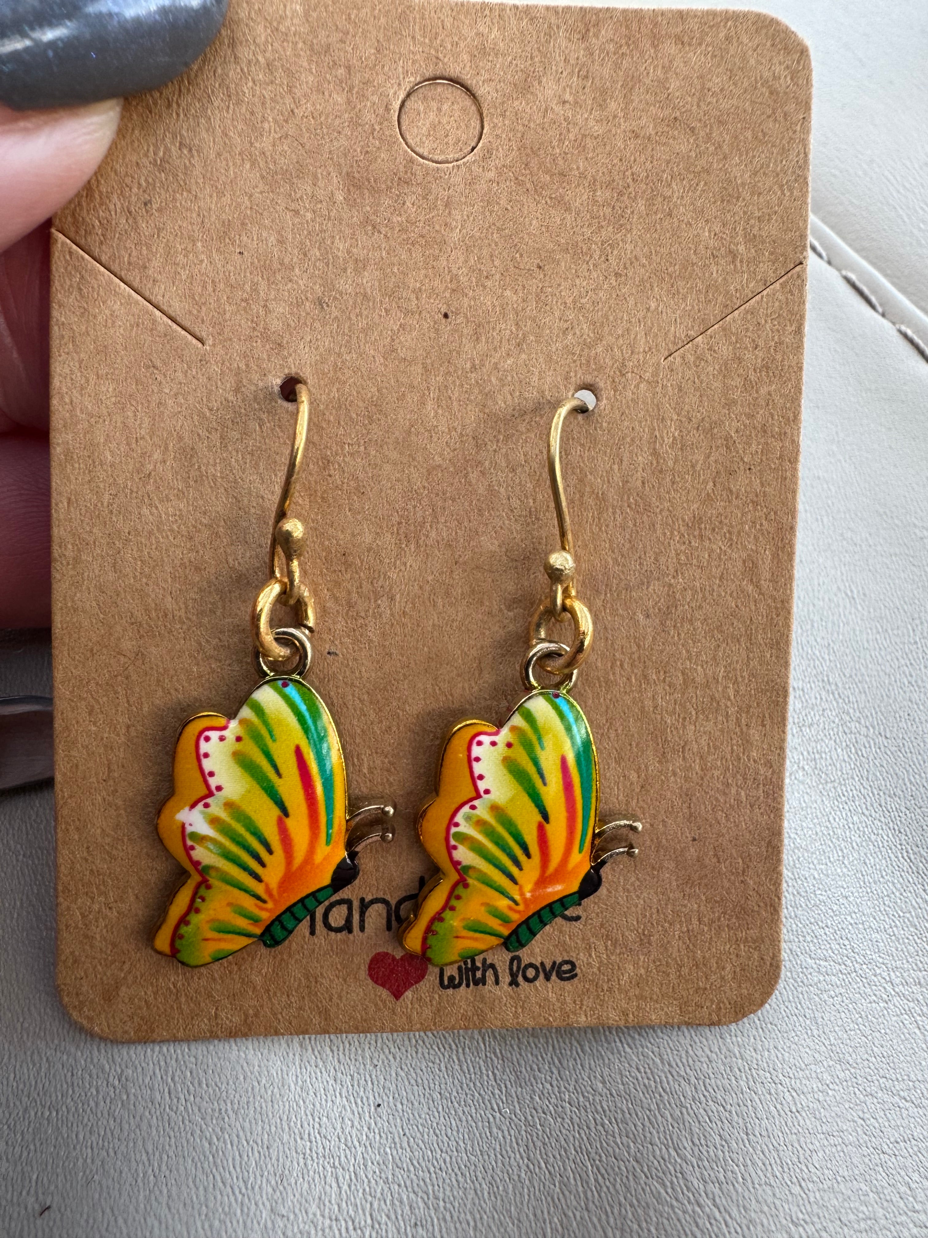 Green and orange butterfly earrings