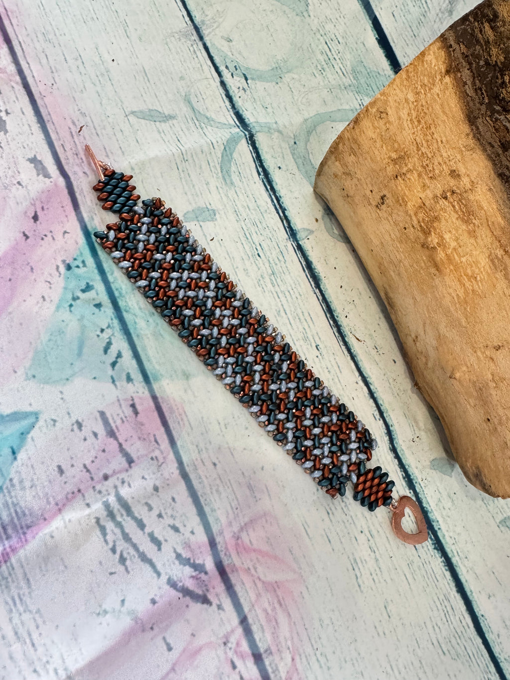 Blue and bronze beaded cuff bracelet