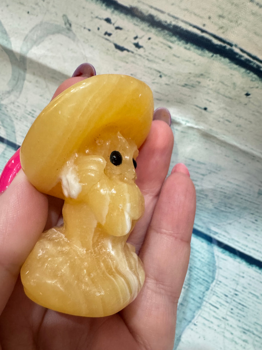 Yellow Calcite Carved Owl Under a Toadstool