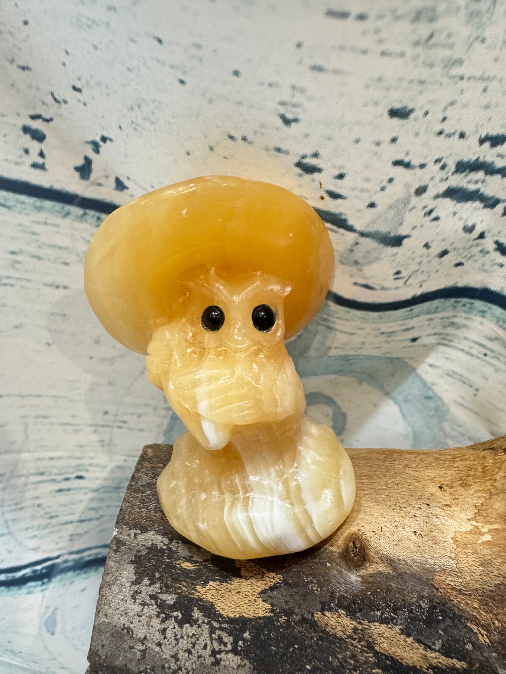 Yellow Calcite Carved Owl Under a Toadstool