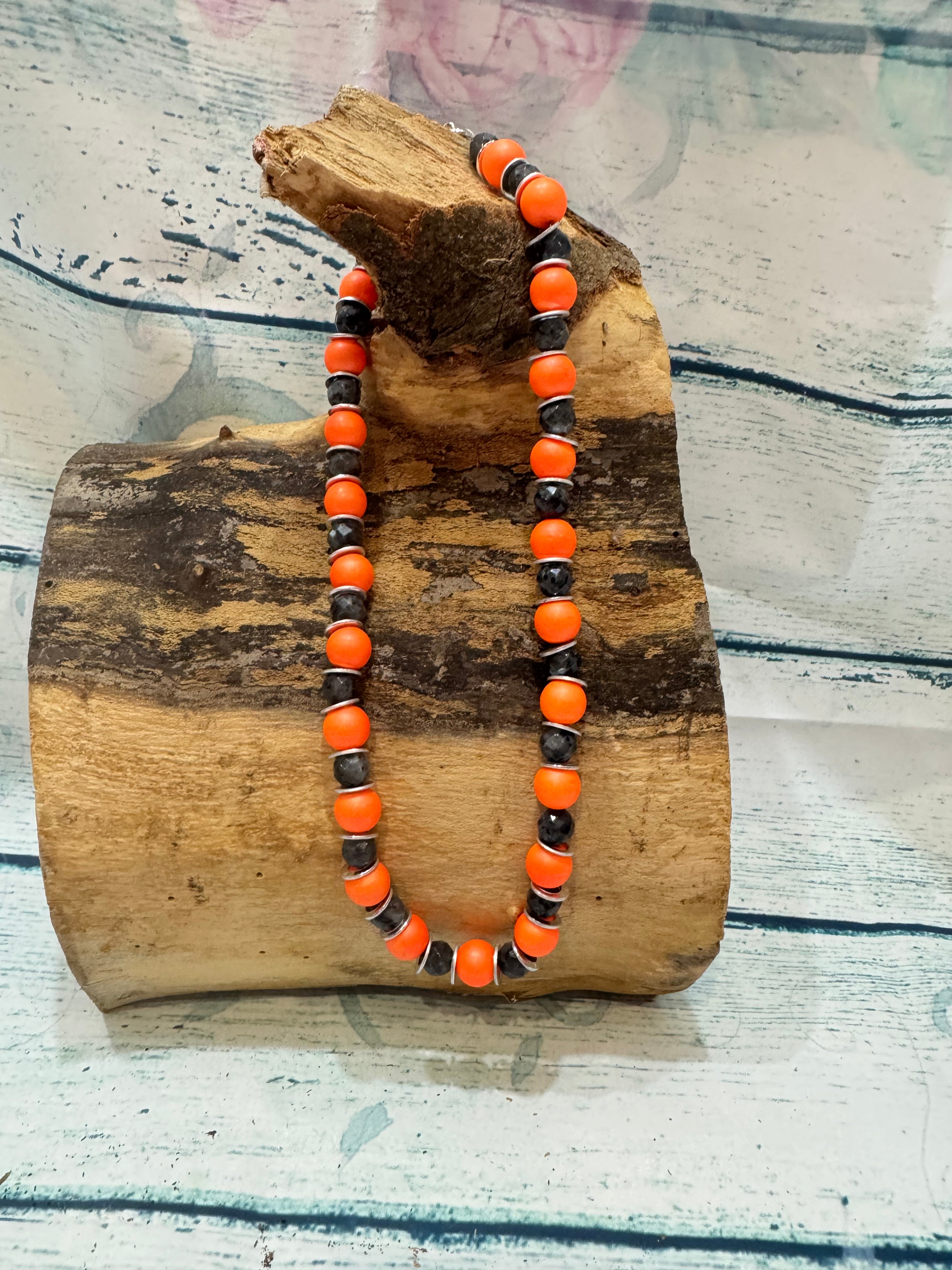 Neon orange and larvakite necklace