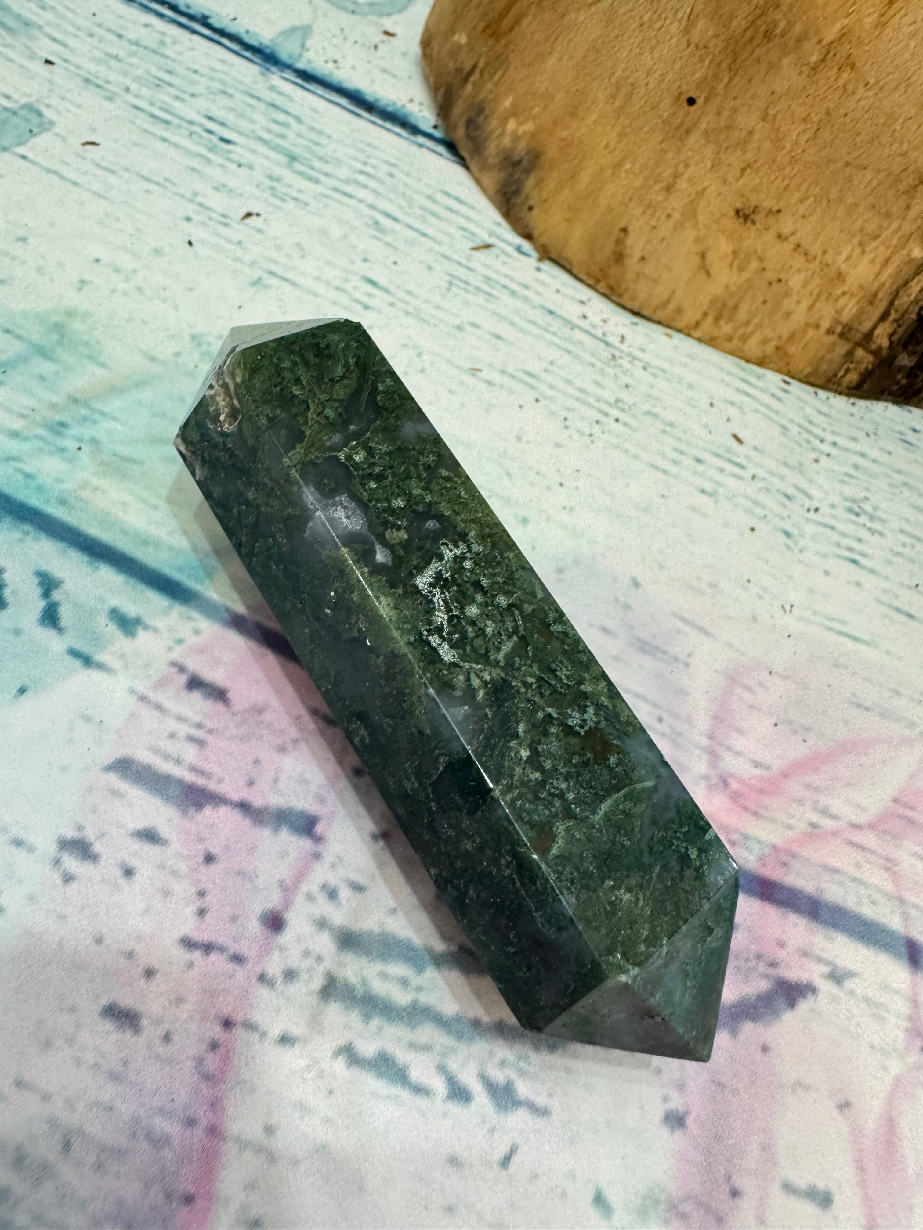 Moss agate crystal wand