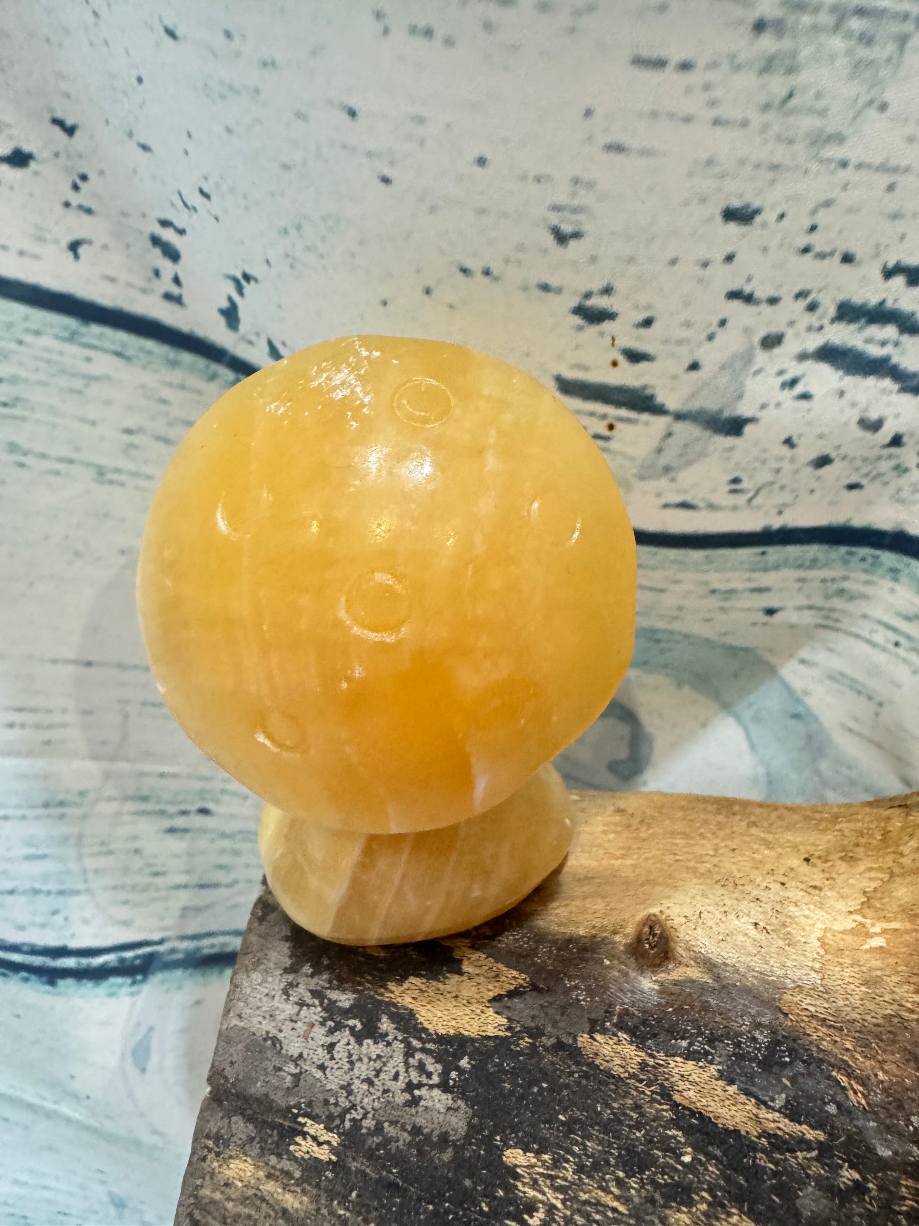 Yellow Calcite Carved Owl Under a Toadstool