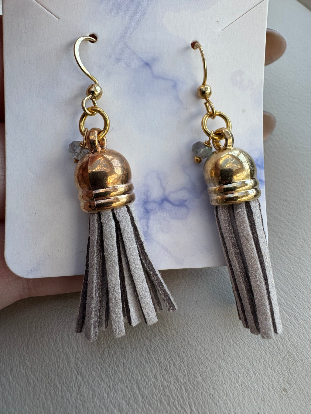 Grey suede and labradorite tassel earrings