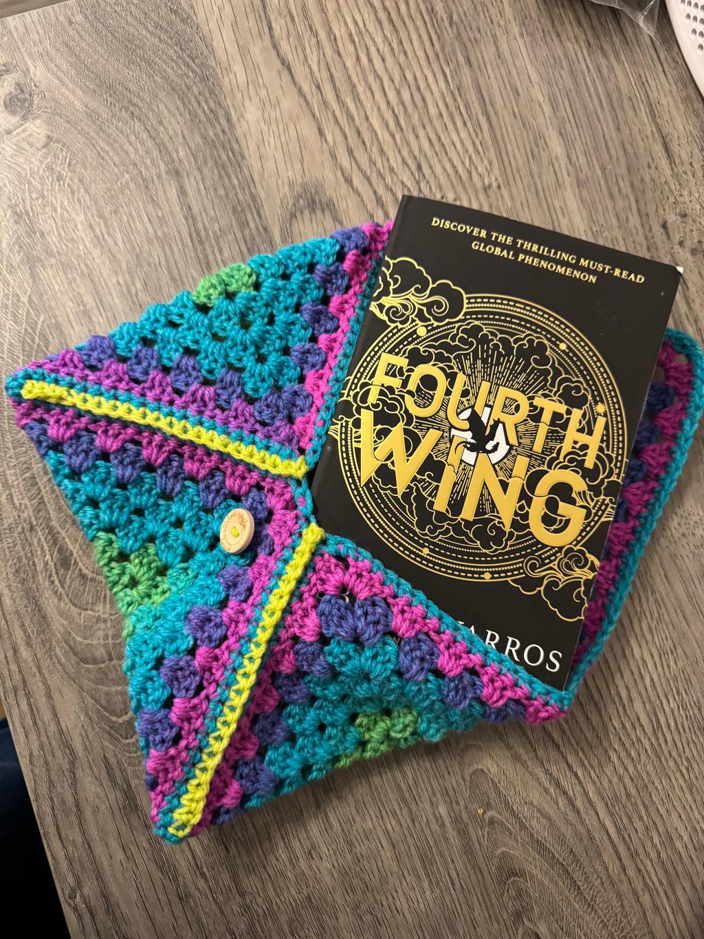 Colourful crocheted book sleeve